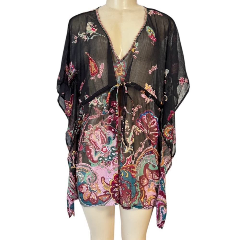 Swim Coverup Black Sheer Sequin Beaded Boho Paisley Floral Beach Top Resortwear